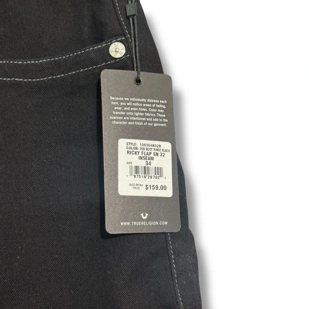 True Religion Jeans Mens 34 X 32 Solid Black Denim Ricky Flap Brand New Y2K